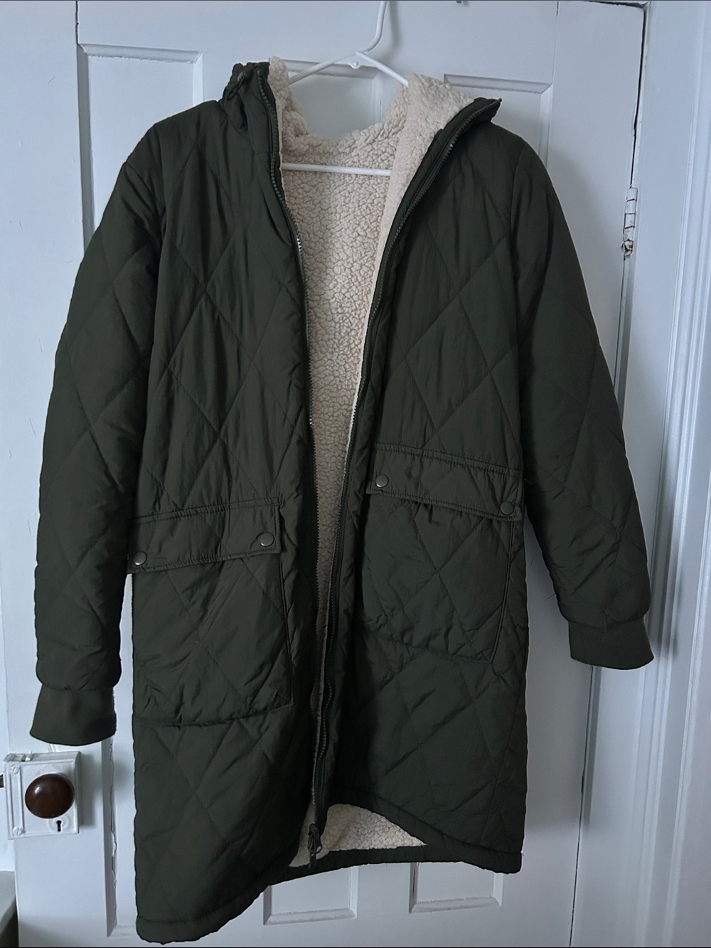 Reversible Quilted Olive/ Sherpa Long Coat